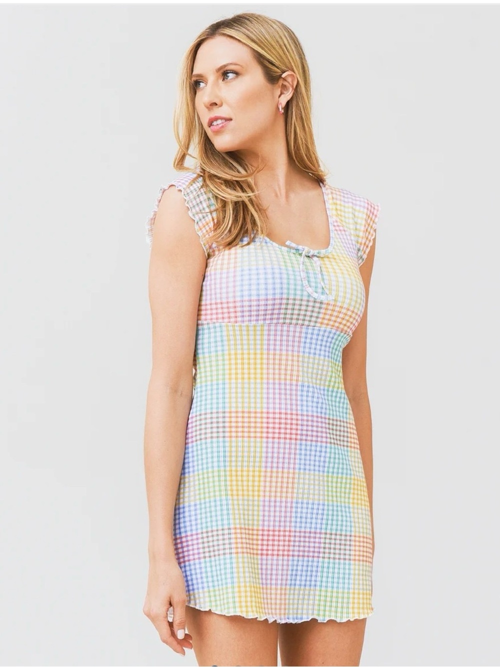 LoveShackFancy Pastel Rainbow Gingham Plaid Zoie Mini Dress Ruffle Cottagecore M